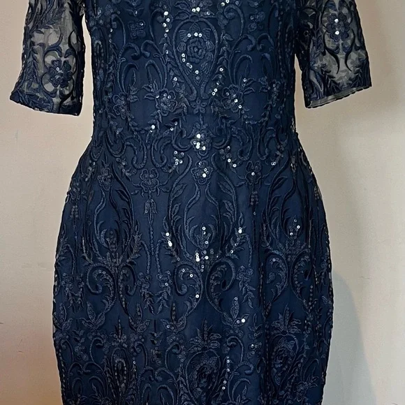 JJs House Dark Navy 1/2 Sleeve Lace Sequin Cocktail Dress Size 12